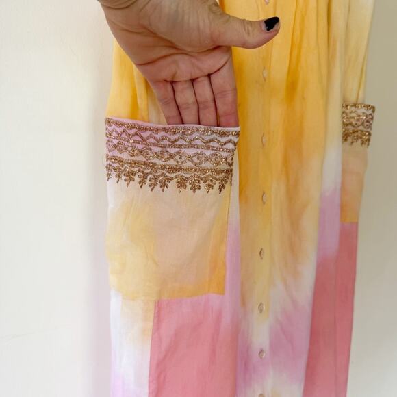 Juliet Dunn Pink Sunset Gold Embroidered Tie Shoulder Cotton Midi Dress 1 / S - Picture 7 of 12